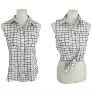 Notations sleeveless button-down checkered print top